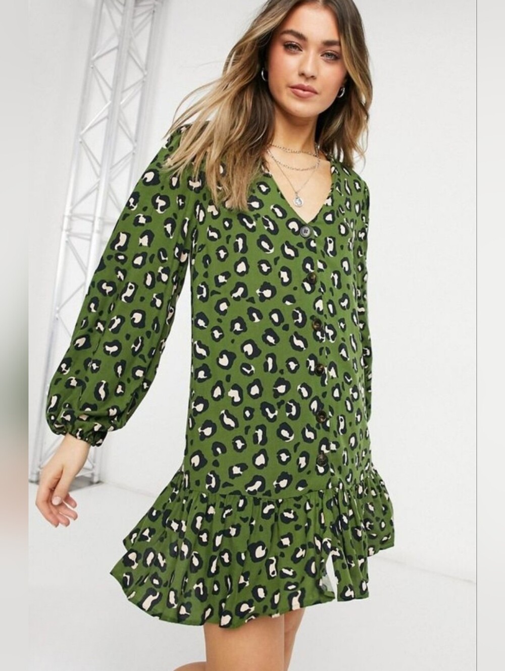 ASOS Curve Size 18 Green Leopard Print V-Neck Ruffle Tunic Dress 3822-CX